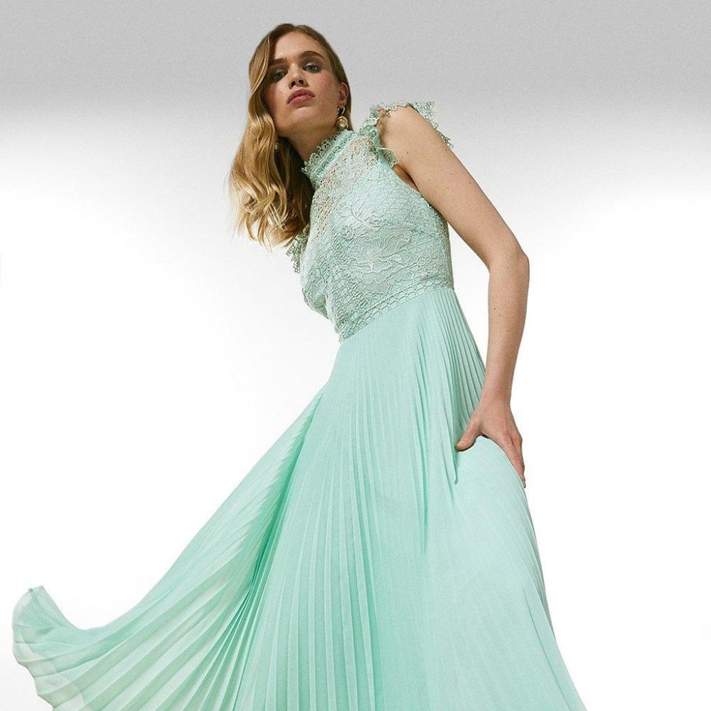 Karen Millen Guipure Lace Pleated Midi Dress in mint